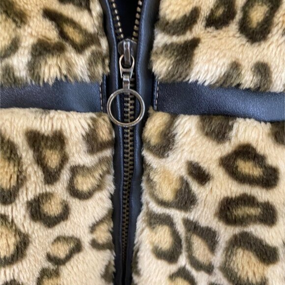 Leopard Print Faux Fur Jacket With Zipper & Black Leather Trim For Women Size S - Picture 6 of 10